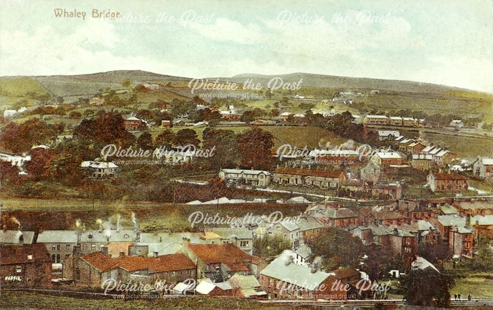 General view of Whaley Bridge, with railway line in foreground, early 20th century