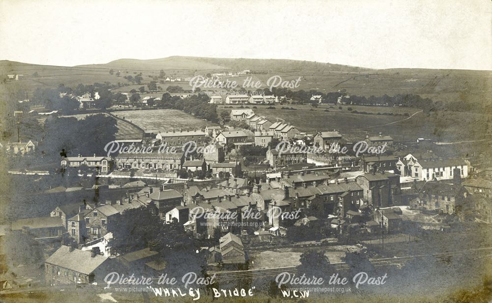 General view of Whaley Bridge, with railway line in foreground, early 20th century