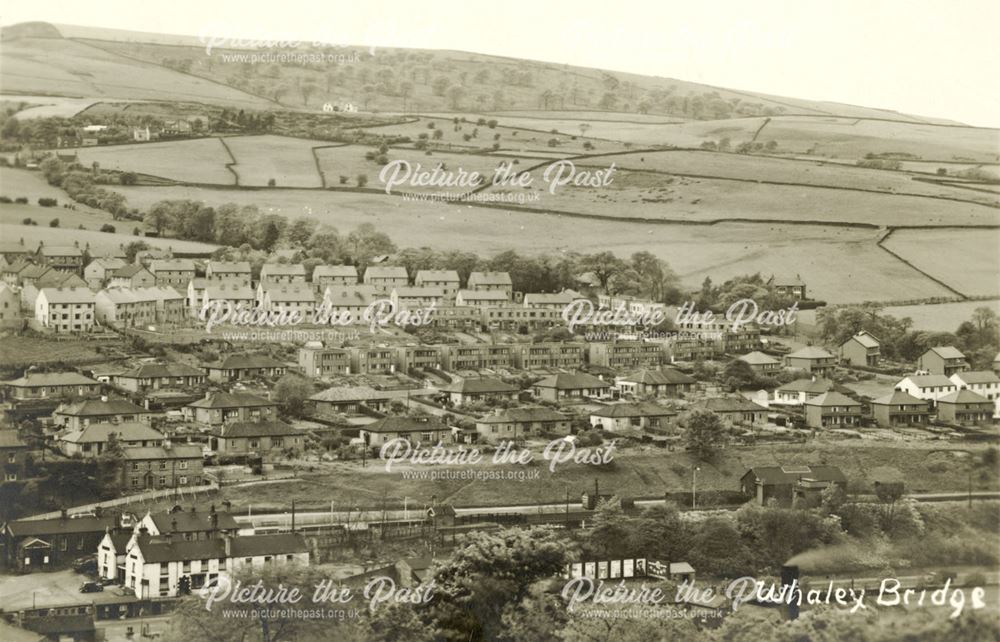 General view of Whaley Bridge, with railway line in foreground, early 20th century