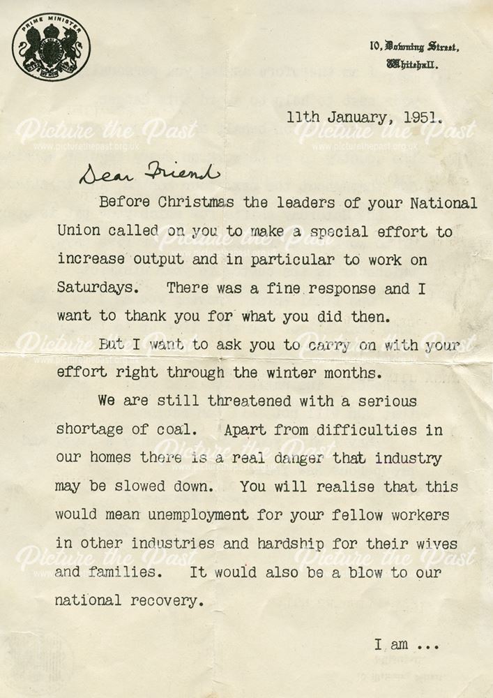 Letter from Prime Minister Clement Atlee (page 1 of 2), Pilsley Colliery, 1951