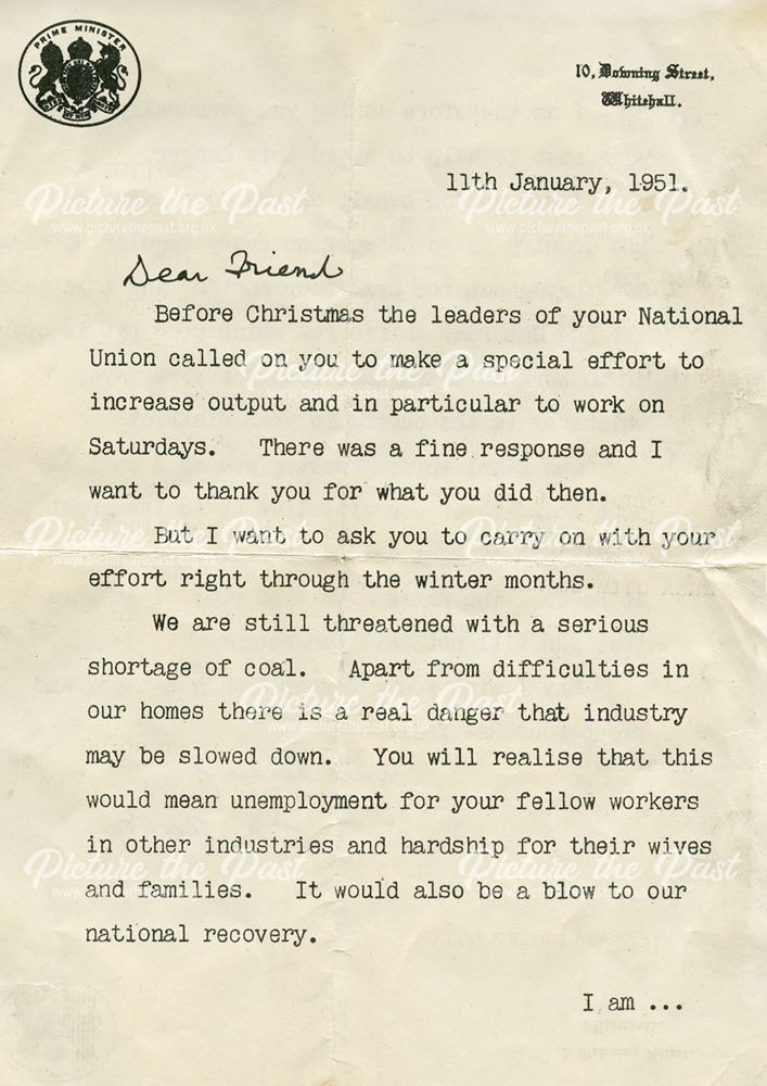 Letter from Prime Minister Clement Atlee (page 1 of 2), Pilsley ...