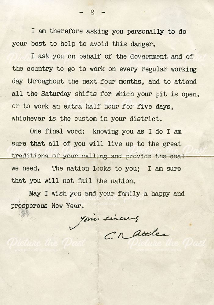 Letter from Prime Minister Clement Atlee (page 2 of 2), Pilsley Colliery, 1951