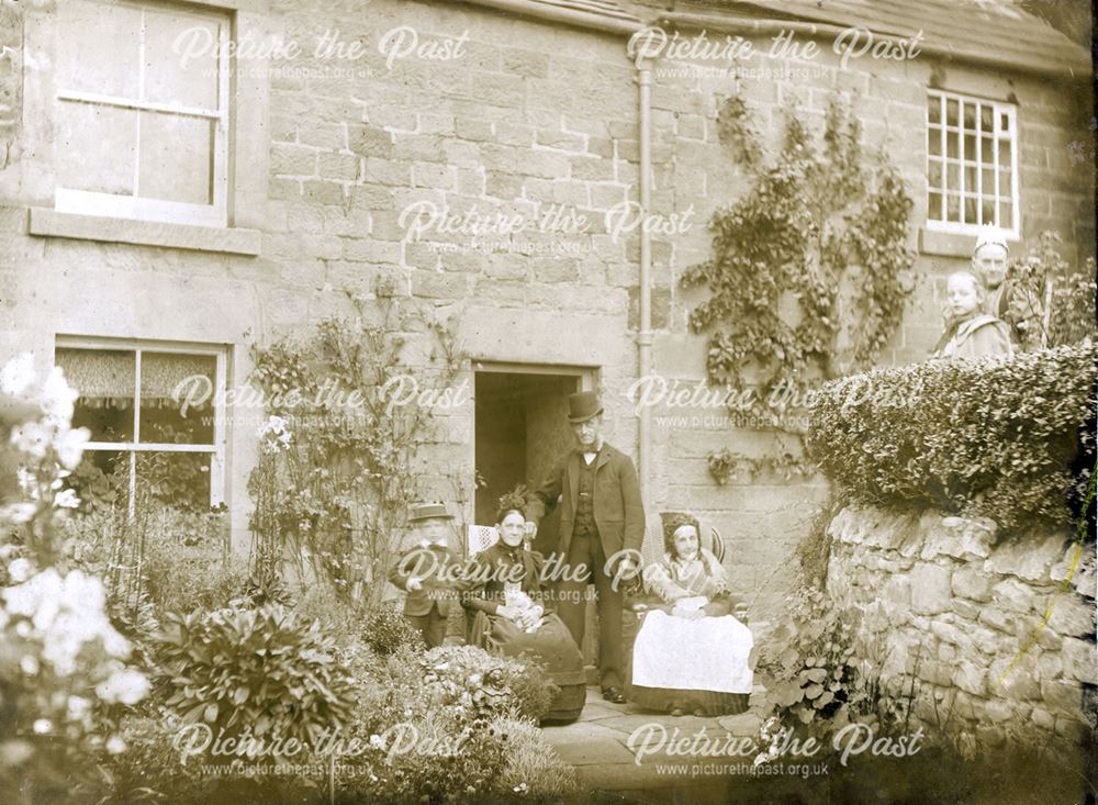 Family portrait outside cottages, Gorsey Bank, Wirksworth, c 1900?