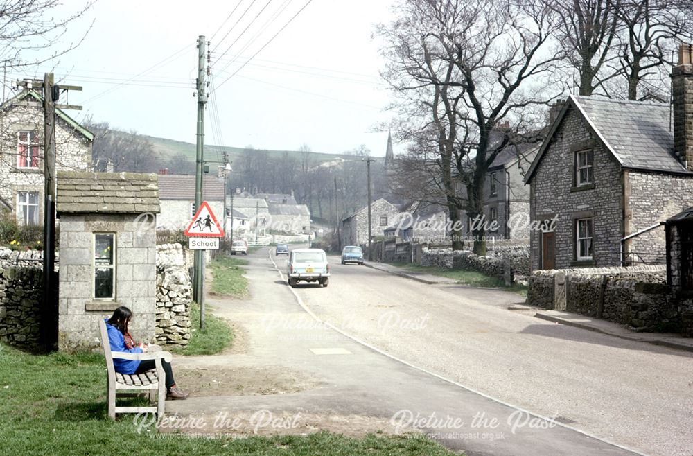 View of village, showing telephone box, Chelmorton, Buxton, 1976