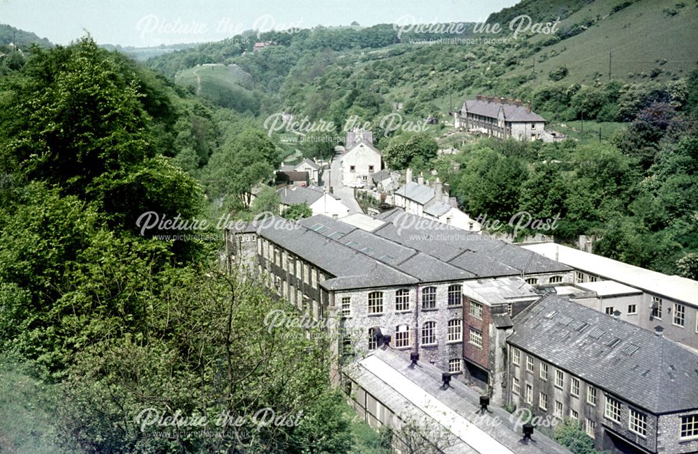 Aerial view of the mill and village, Litton Mill, Miller's Dale, Buxton, 1970