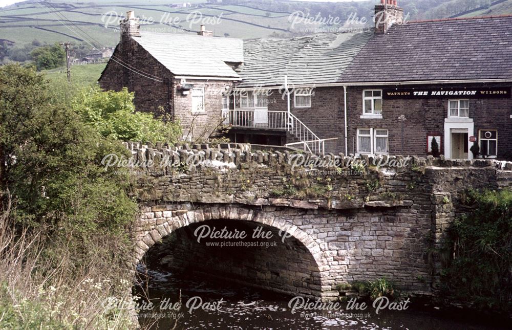 Showing bridge over River Goyt and the Navigation Inn, Brookside, Buxworth, High Peak, 1972