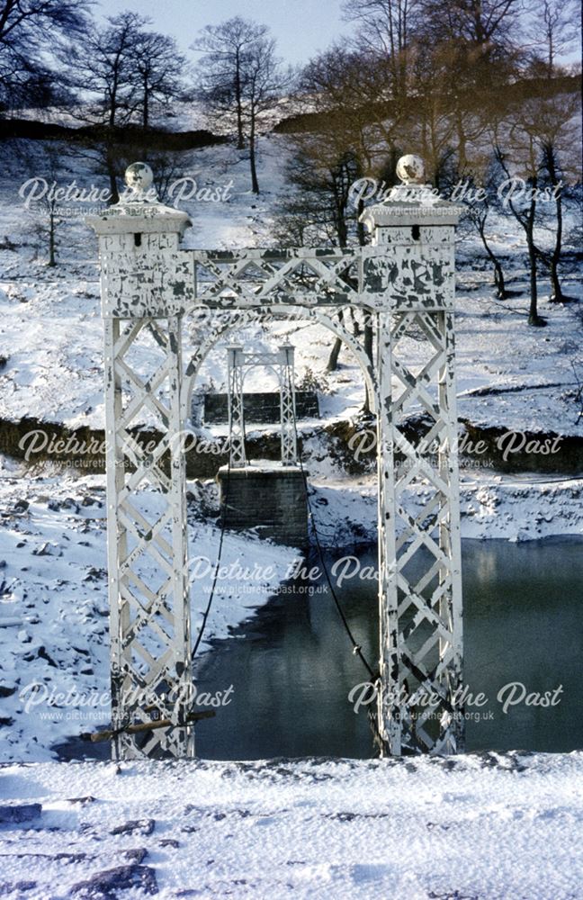 Unknown metal bridge in the snow, possibly over the River Goyt, Goyt Valley, c 1980s