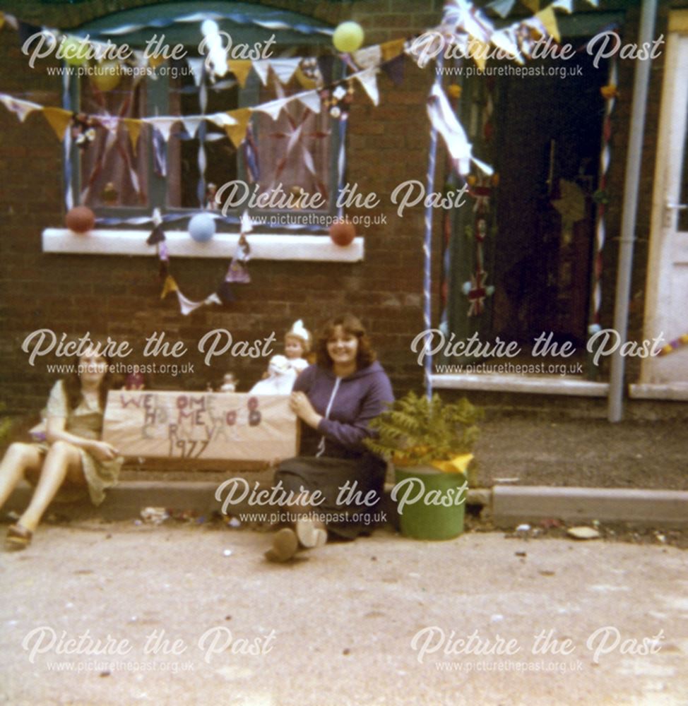 Alison Buxton and Cheryl Hawkins outside 50 Hunloke Road, Holmewood, 1977