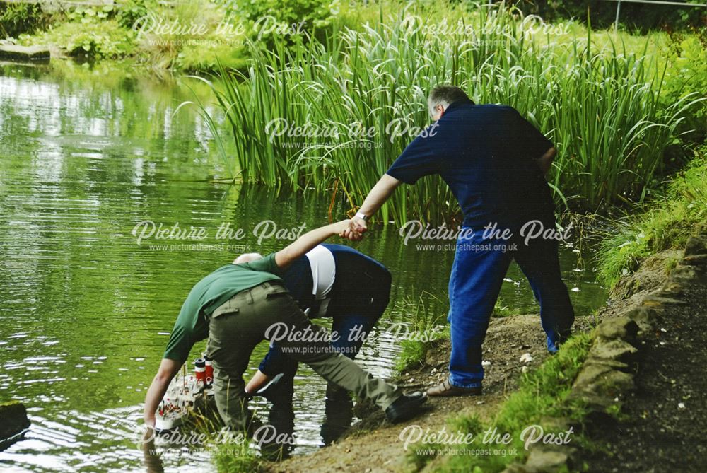 Rob Wilkins, David Patrick and Ian Davey Launching 'Waverley', Lumsdale Pond, Matlock, 2006