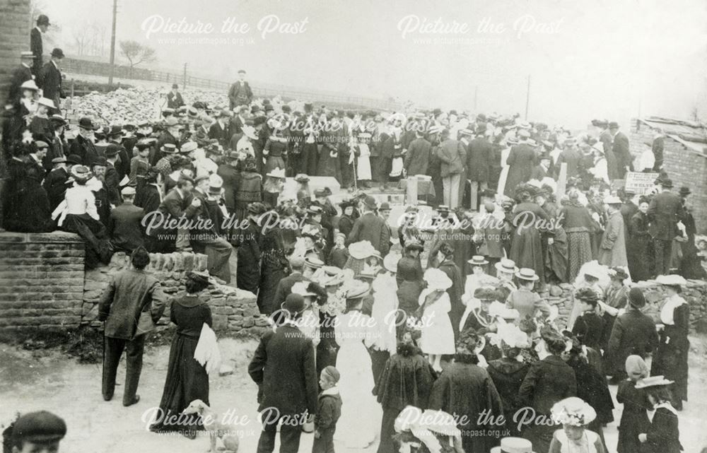 Side View of Gathering at Laying Foundation Stone for Sunday School, Buxton Road, Chinley, 1903