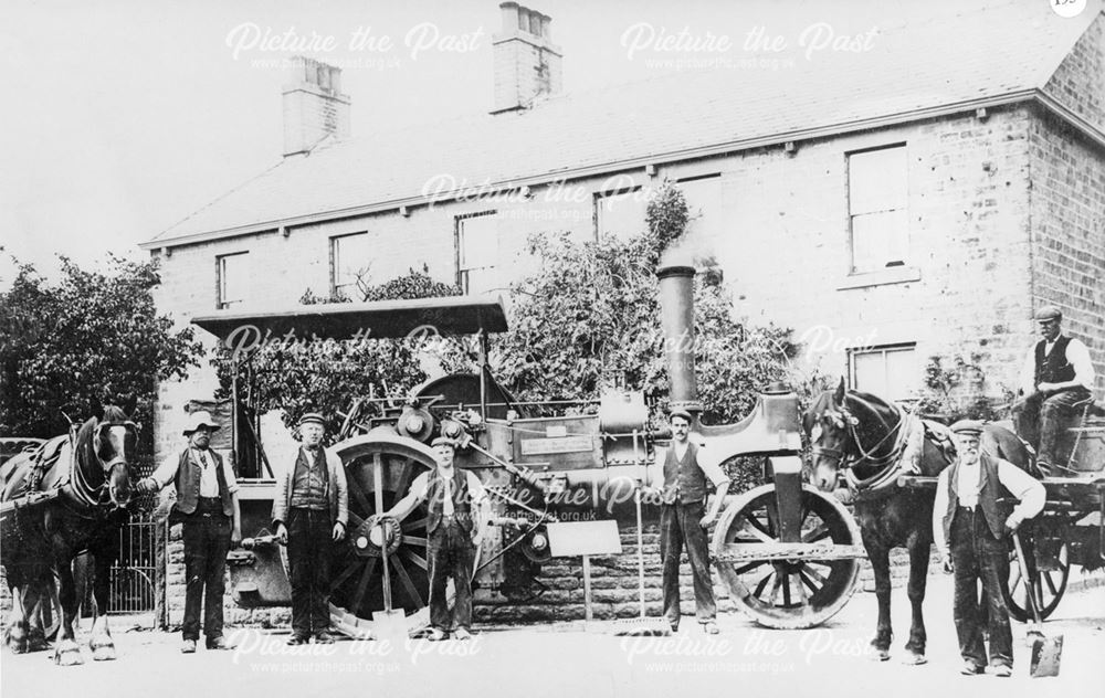 Workmen in front of Albert Place, Corner of Lower Lane and Green Lane, Chinley, c 1920s