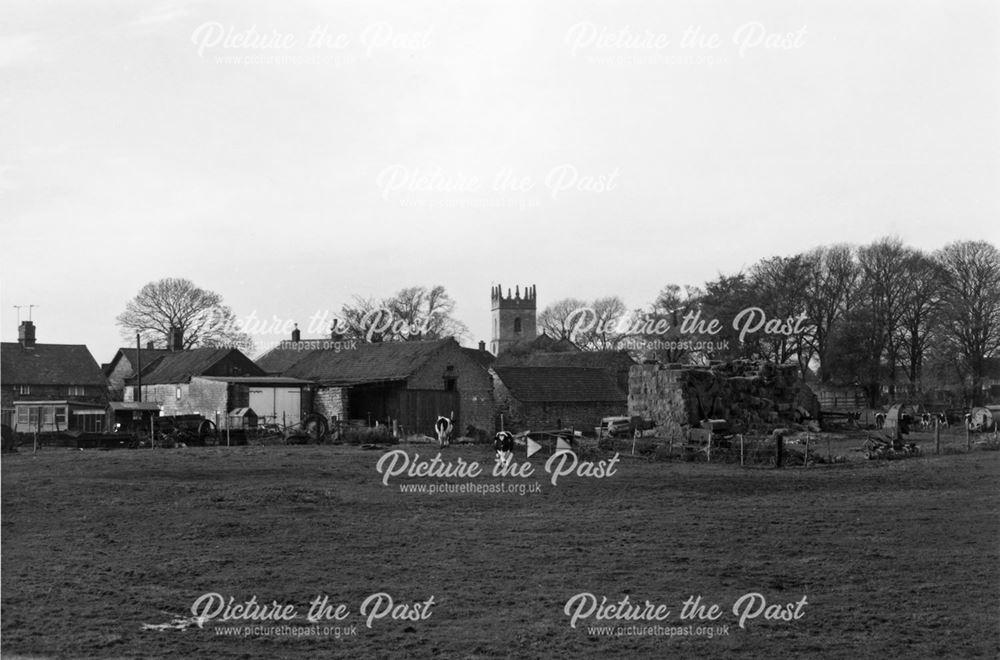 De Rhodes Farm and St. James' Church, Barlborough, c 1975