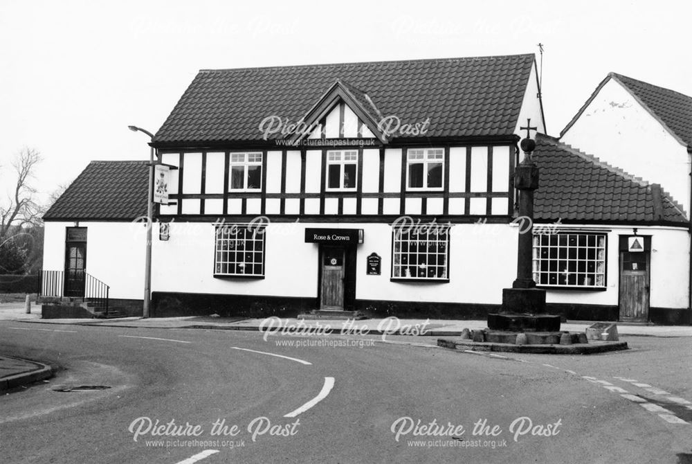 The Rose and Crown Public House and Cross, High Street, Barlborough, c 1975