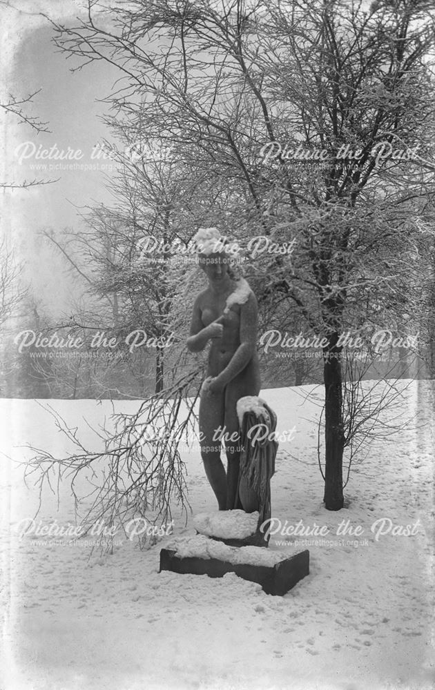 Classical statue in the snow at The Arboretum, Rose Hill, Derby, c 1914 ?