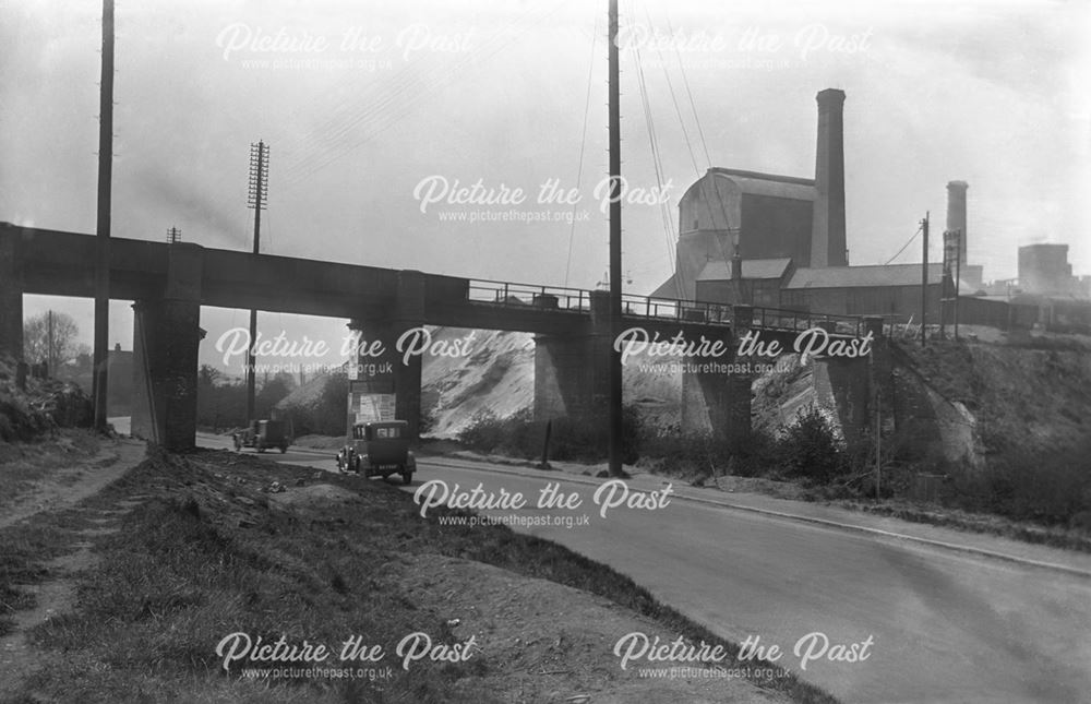 Mineral railway viaduct and tarmacadam plant, Denby, c 1931