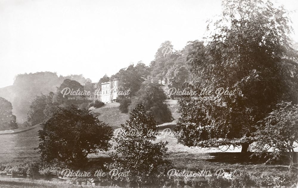 View of Willersley Castle from River Derwent, Cromford, c 1880s