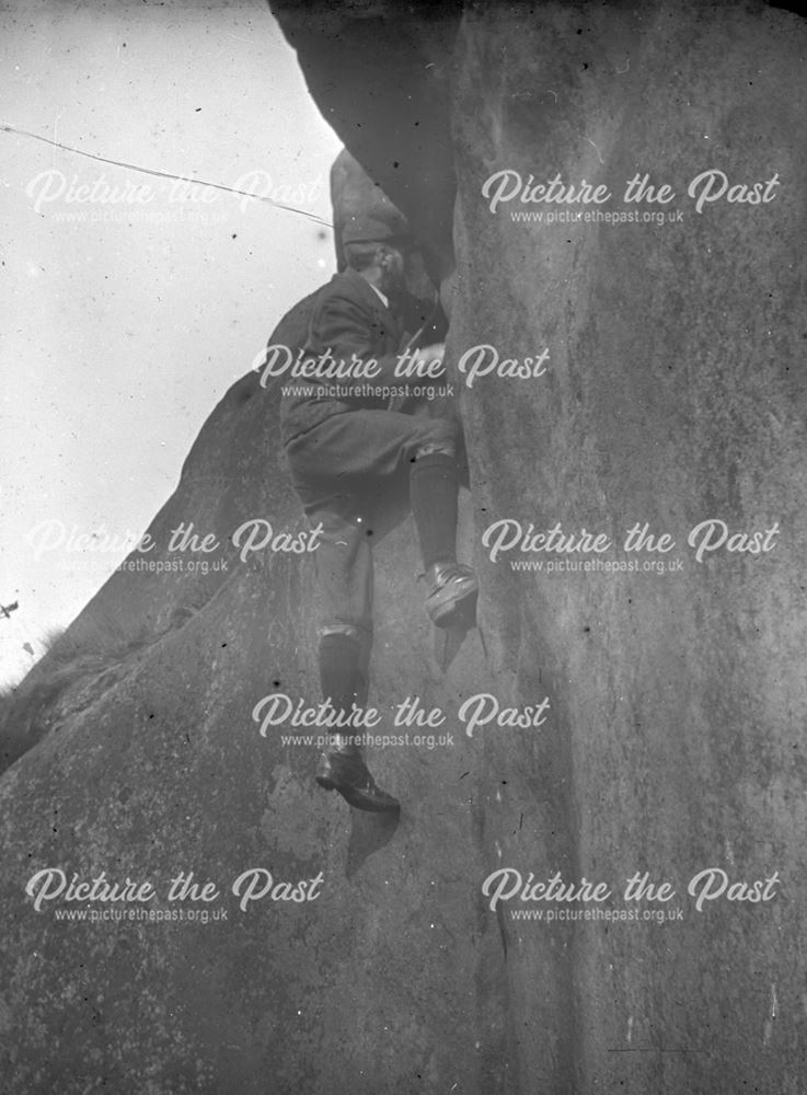 Rock climber on Stonnis Crack, Black Rocks, c 1900
