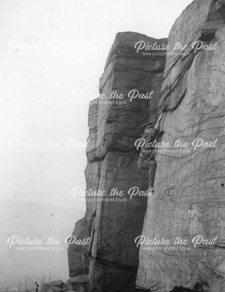 Rock climber on Wharncliffe Crags, Deepcar, Sheffield, c 1900