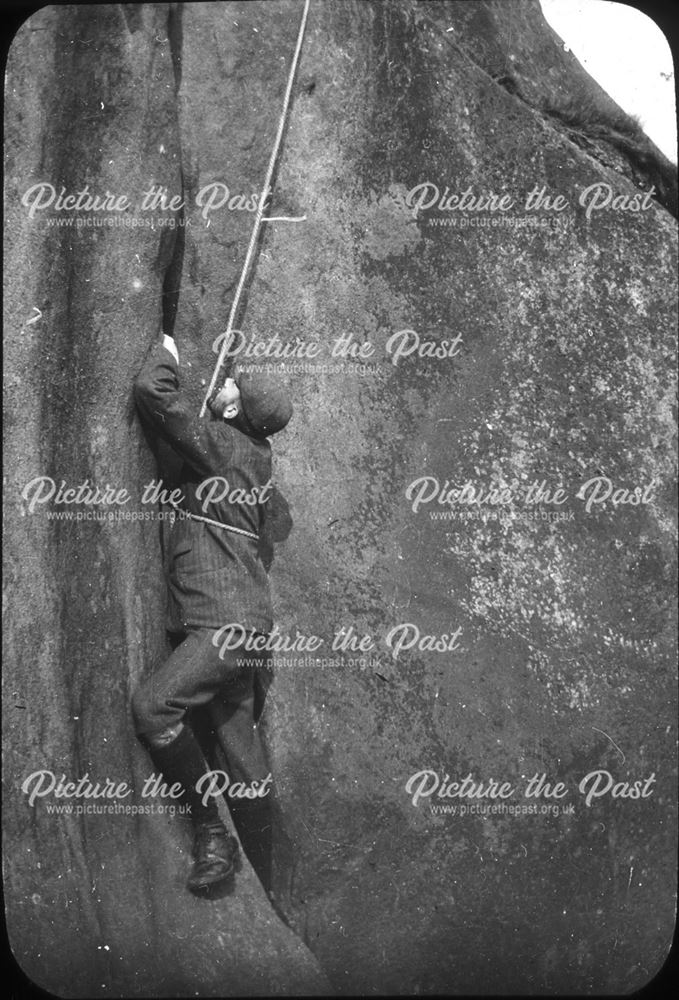 Climber on Stonnis Crack, Black Rocks, c 1900