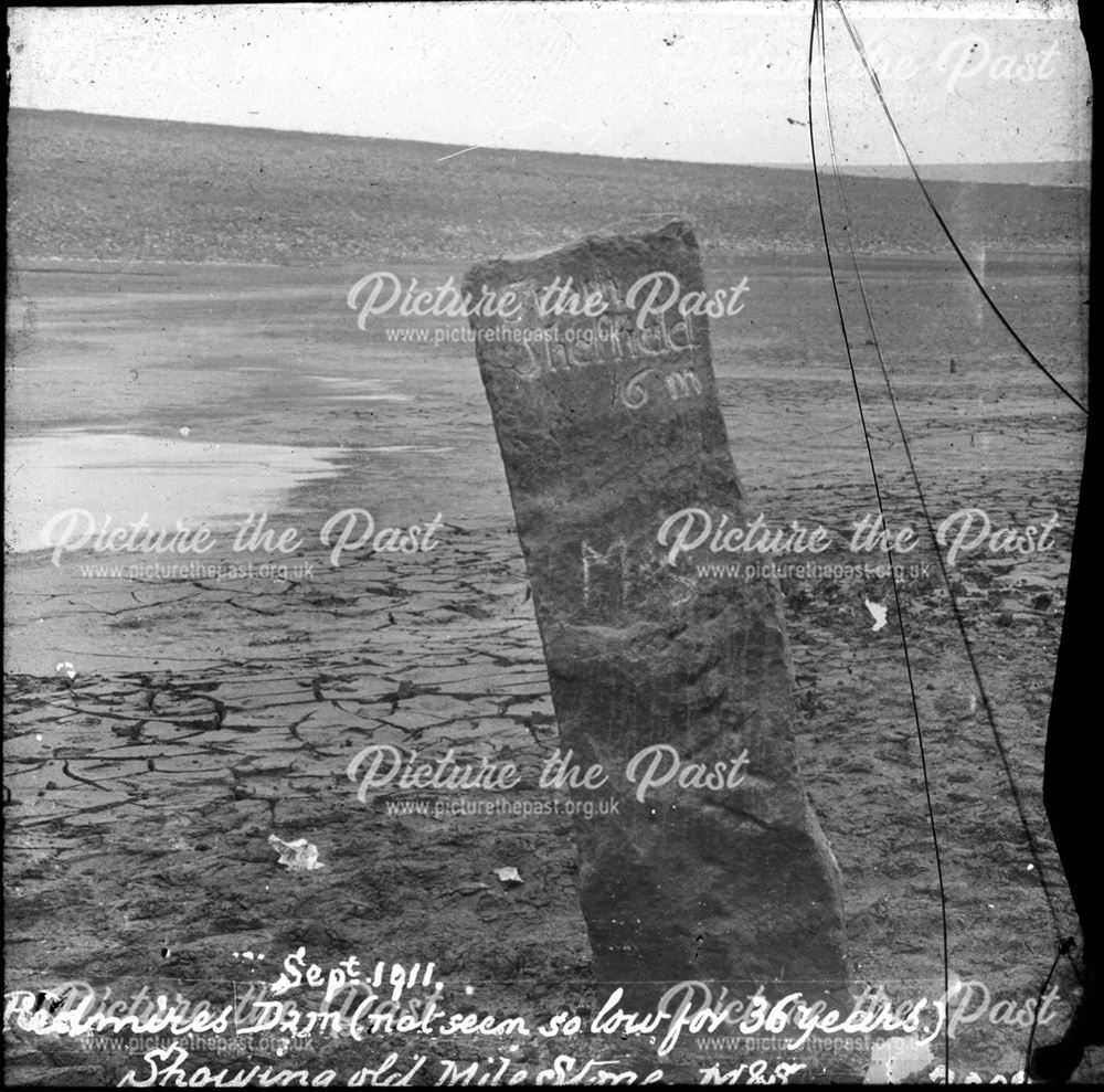 Old milestone revealed by drought, Redmires Reservoirs, 1911