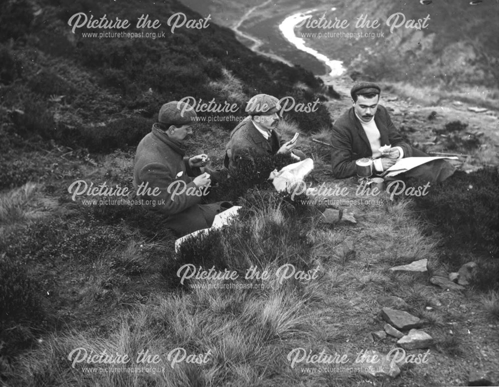 Tourists picnicking on the moors, c 1900