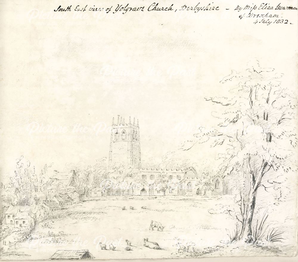 Southeast view of All Saint's Church, Middleton by Youlgreave, 1832