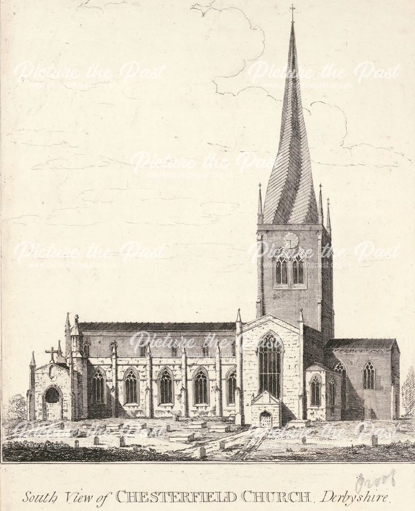 South view of Chesterfield Church, St Mary's Gate, Chesterfield, c 1800?