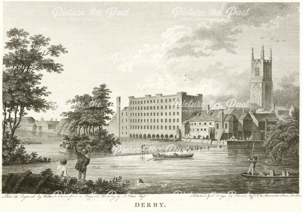 View of Derby showing the River Derwent with Silk Mills, 1794