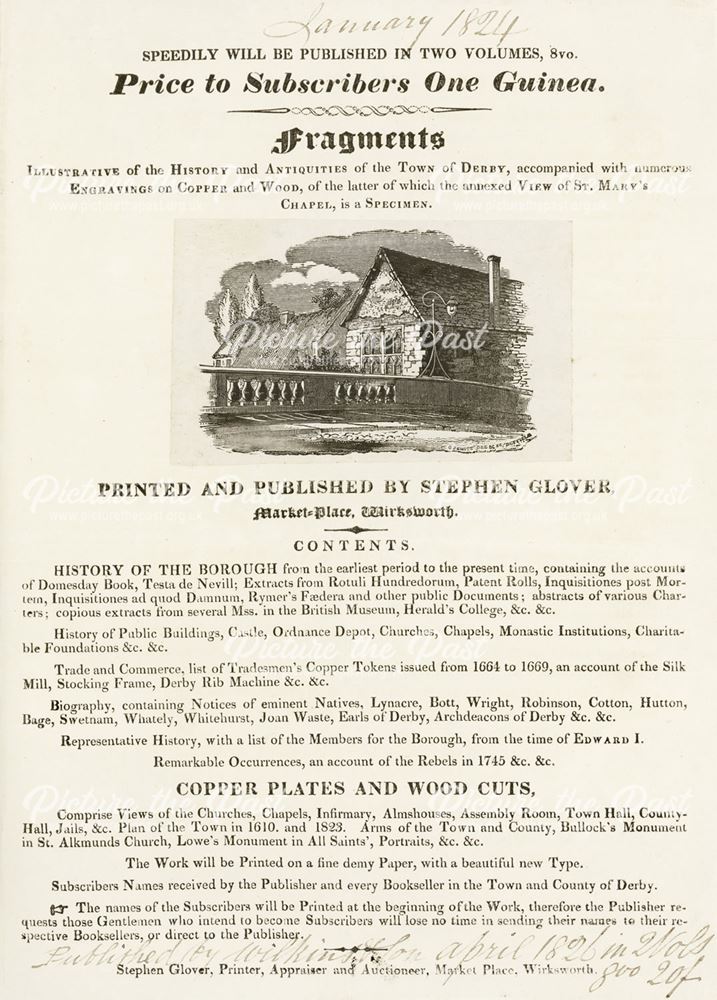 Advert for the publication 'Illustrative of the History and Antiquities of the Town of Derby', 1824