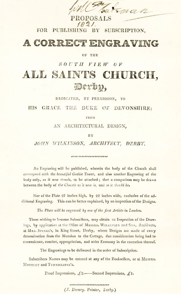 Proposal for publishing by subscription an engraving of All Saint's Church (Derby Cathedral), Iron G