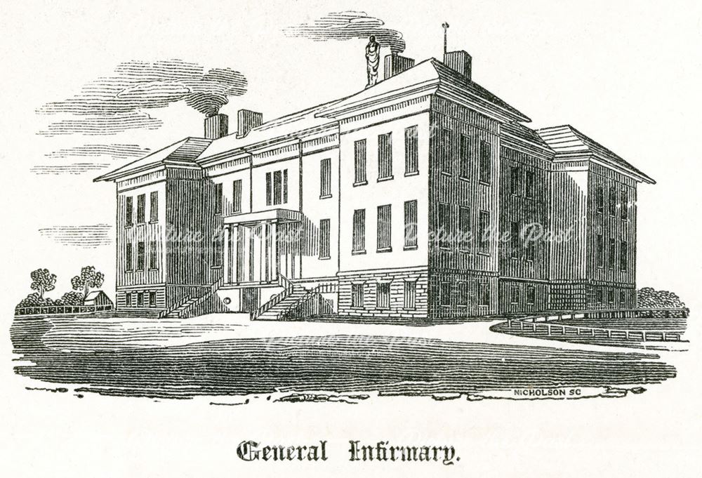 Derbyshire General Infirmary - exterior showing main entrance, London Road, c 1810