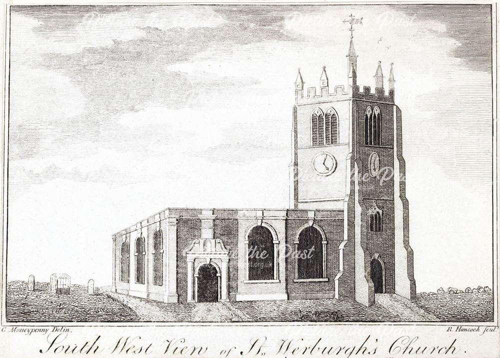 Southwest view of St Werburgh's Church, Cheapside, c 1791