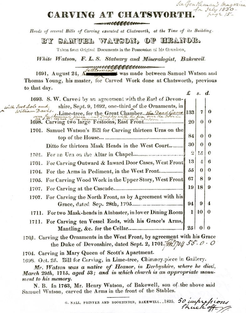 Bill for carving works completed at Chatsworth, 1825