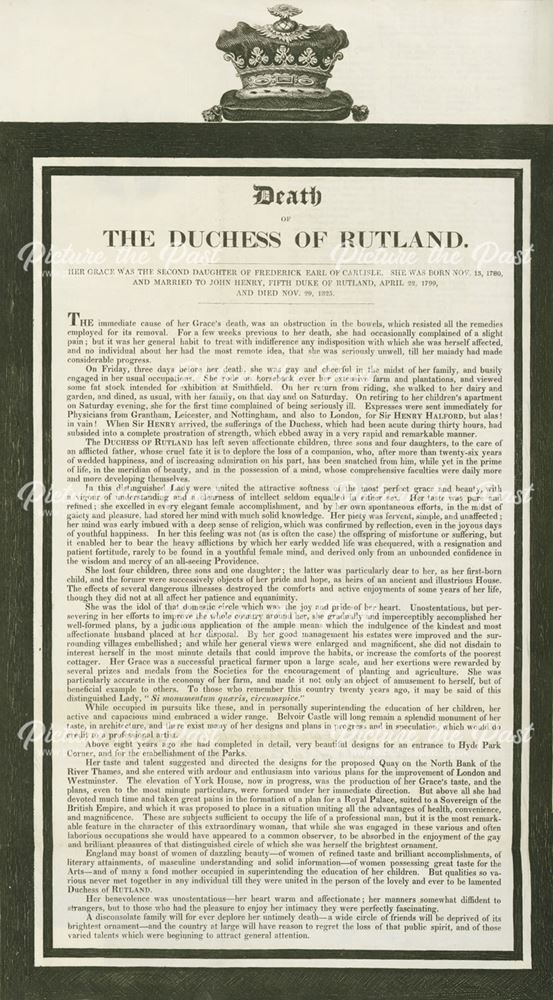 Report of the Death of Elizabeth Manners (nee Howard), Duchess of Rutland, 1825