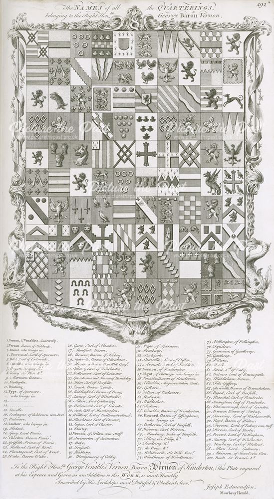 Names of all the Quarterings of Right Hon George Baron Vernon of Sudbury Hall, Sudbury, c 1764-86