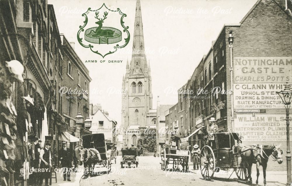 View towards St Alkmund's Church, Queen Street, Derby, c 1890s