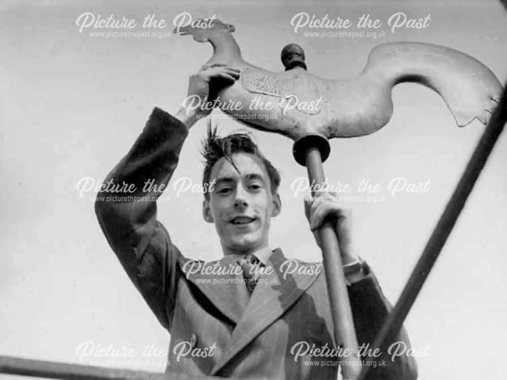 Photographer, WA Slater on St. Mary's Church Spire, Chesterfield, 1952