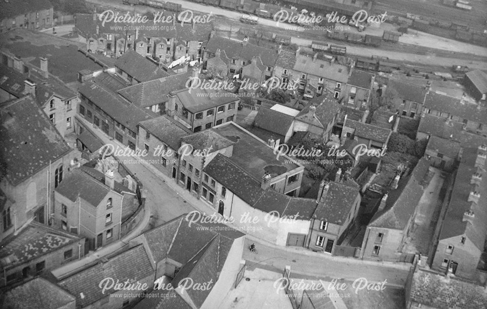 Aerial view towards the Midland Railway Station, Chesterfield, 1952