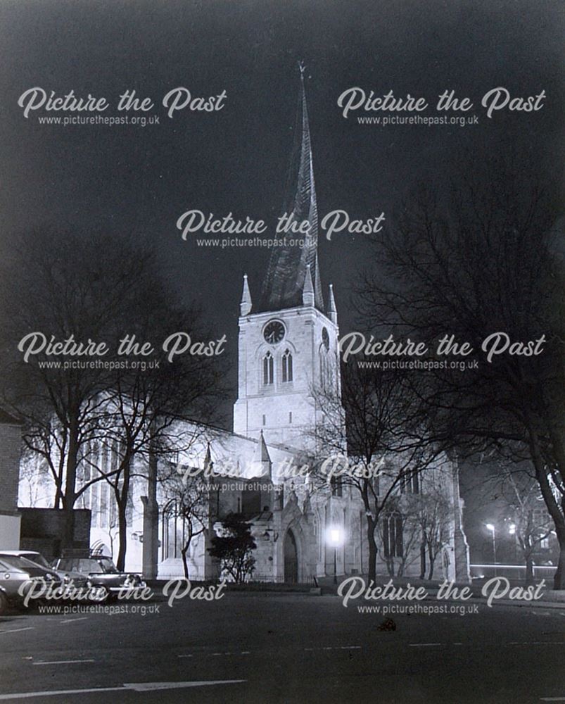 St Mary's and All Saint's Parish Church at night, St Mary's Gate, Chesterfield, c 1960?