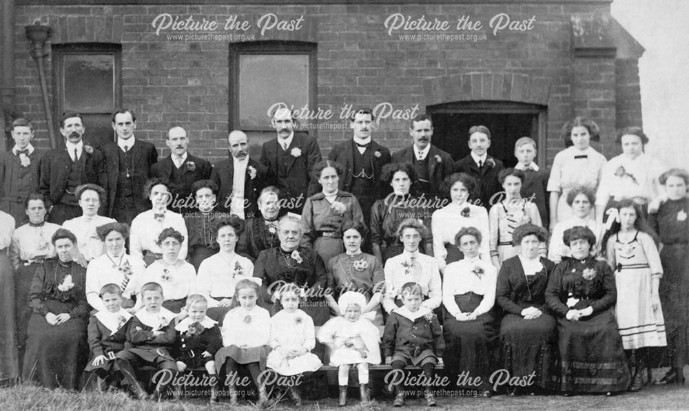 Group photograph outside the Methodist Chapel, Heath Road, Holmewood, c 1900s