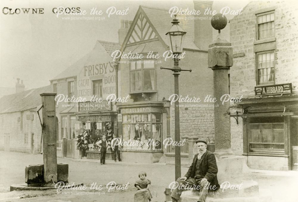 The Cross and village water pump, Church Street, Clowne, c 1900s