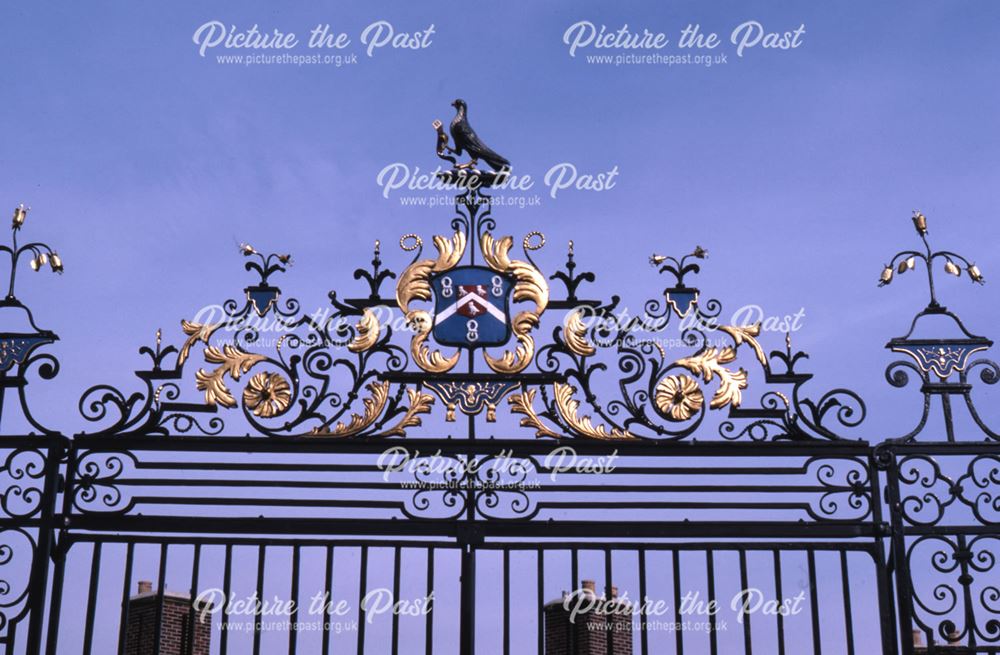 Detail of Bakewell gates fronting the almshouses, Etwall, c 1987