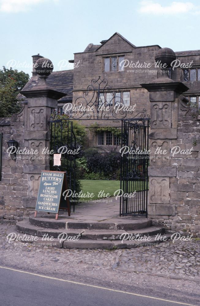 Entrance gates to Eyam Hall, Eyam, c 2002