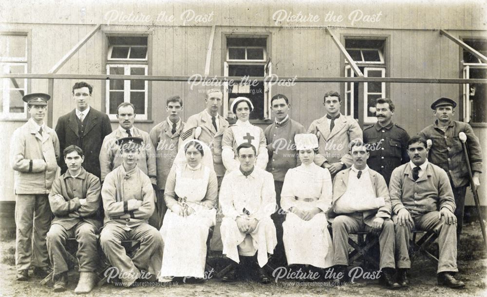 Group photograph of army hospital nurses and patients, including Vic Fewkes of Bakewell 