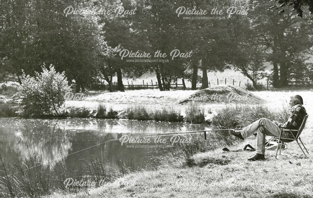 Fishing at the Mill Dam, Holymoorside, c 1970s ?