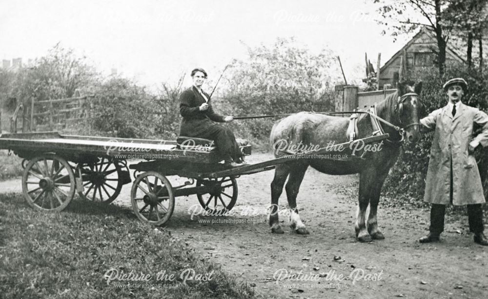 Mr and Mrs Ivan Siddall with a horse and dray, Breaston, 1930s