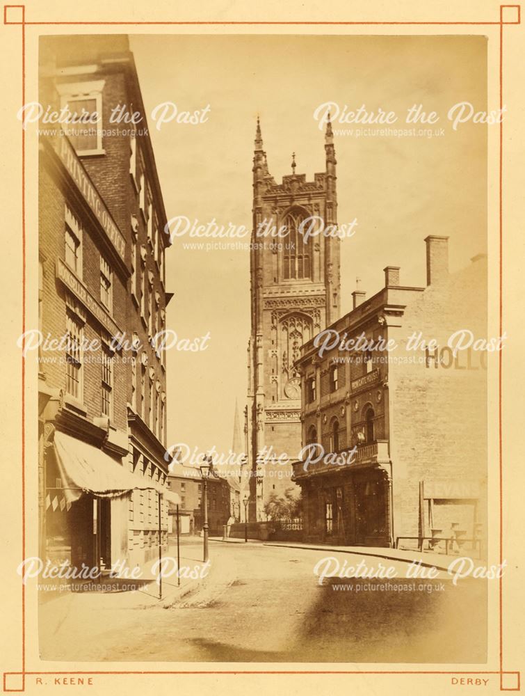 All Saint's Church (Derby Cathedral) from Irongate. The church now mainly dates to the 18th century 