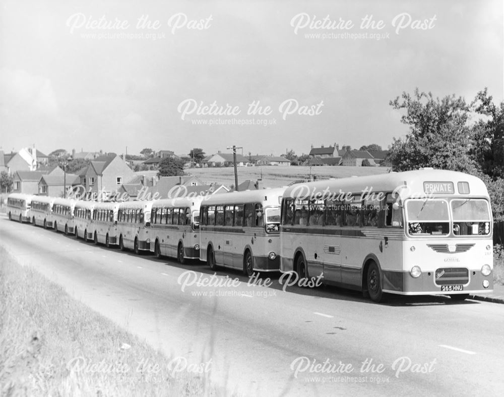 A line of 9 Midland General single deck Bristol coaches on a private outing, Codnor, c 1961