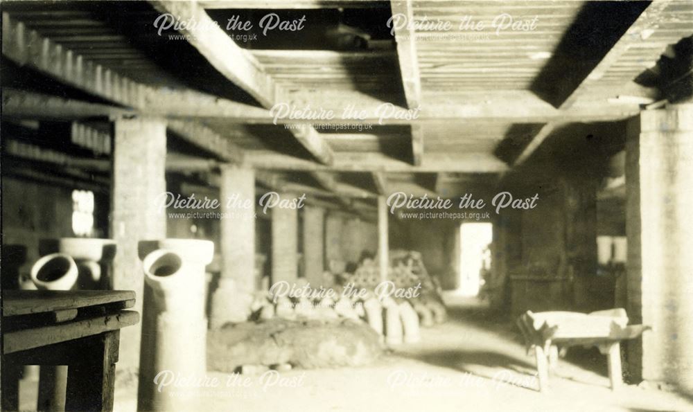 Interior of the drying sheds at the brick and sanitary pipe works of W H and J Slater, Denby