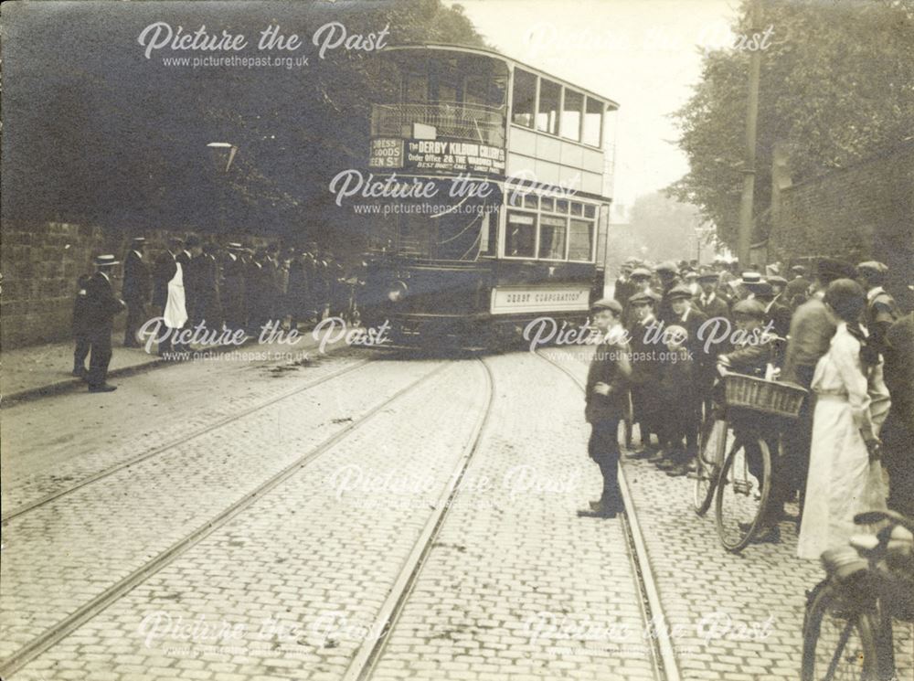 Derailed Derby Corporation electric tram No.26